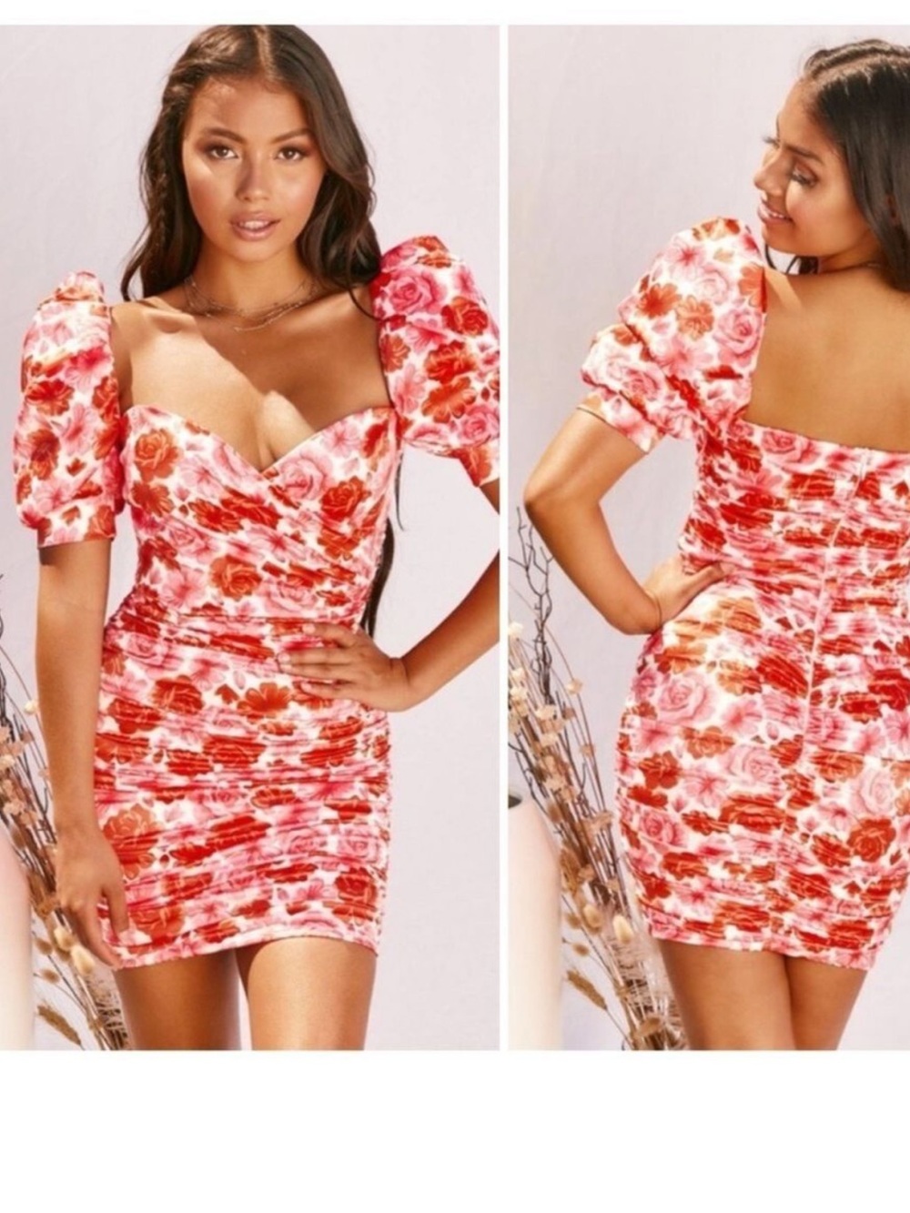 Oh Polly Where Love Grows Satin Floral Puff Sleeve Mini Dress